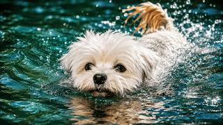 Caramel maltipoo tries swimming for the first time