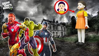 Shinchan and Avengers Fight With EVIL SQUID GAME DOLL in GTA 5..