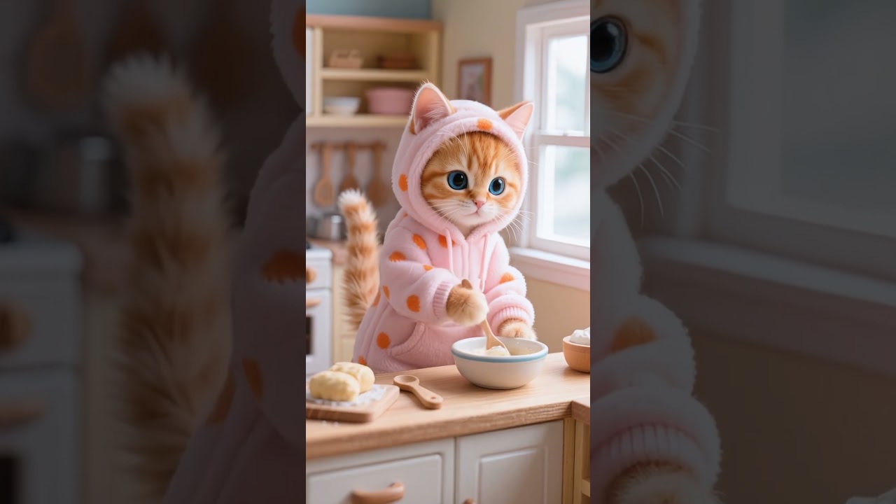 SO CUTE! Tiny Ginger Kitten Bakes a Strawberry Cake 🍓🍰 (Adorable!)