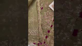 Unboxing Stitched Partywear Designer Dress Soft Amber Saffron Embroidered Gold Organza Suit