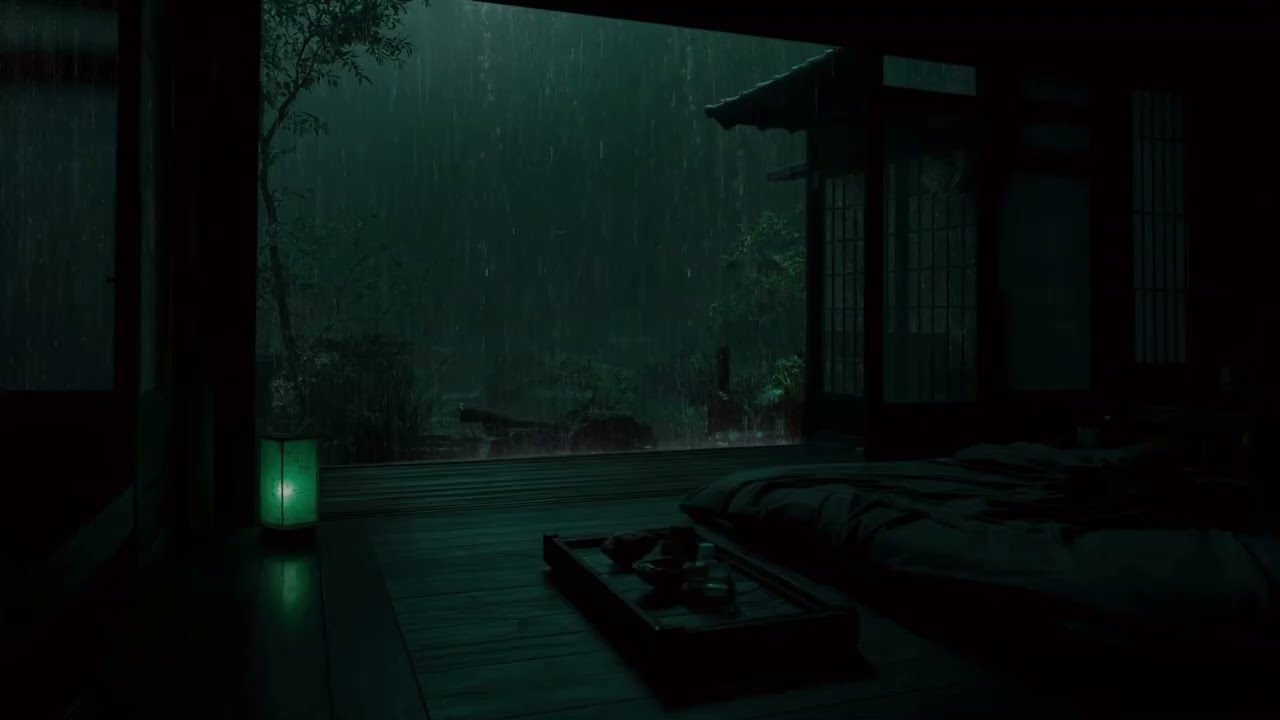 Calm Rain Sounds in a Japanese Room (No Ads) | Night Garden Ambience for Relaxing Sleep