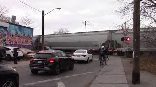 CP 113 intermodal stack train meets CP intermodal with mixed freight at West Toronto junction.