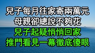 兒子每月往家寄兩萬元，母親卻總說不夠花，兒子起疑悄悄回家，推門看見一幕徹底傻眼#深夜淺讀 #為人處世 #生活經驗 #情感故事