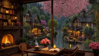 Rainy Riverside Glow Outside 🌧️ Soft Beautiful Jazz & Fireplace Warmth In Peaceful Café For Focus screenshot 3