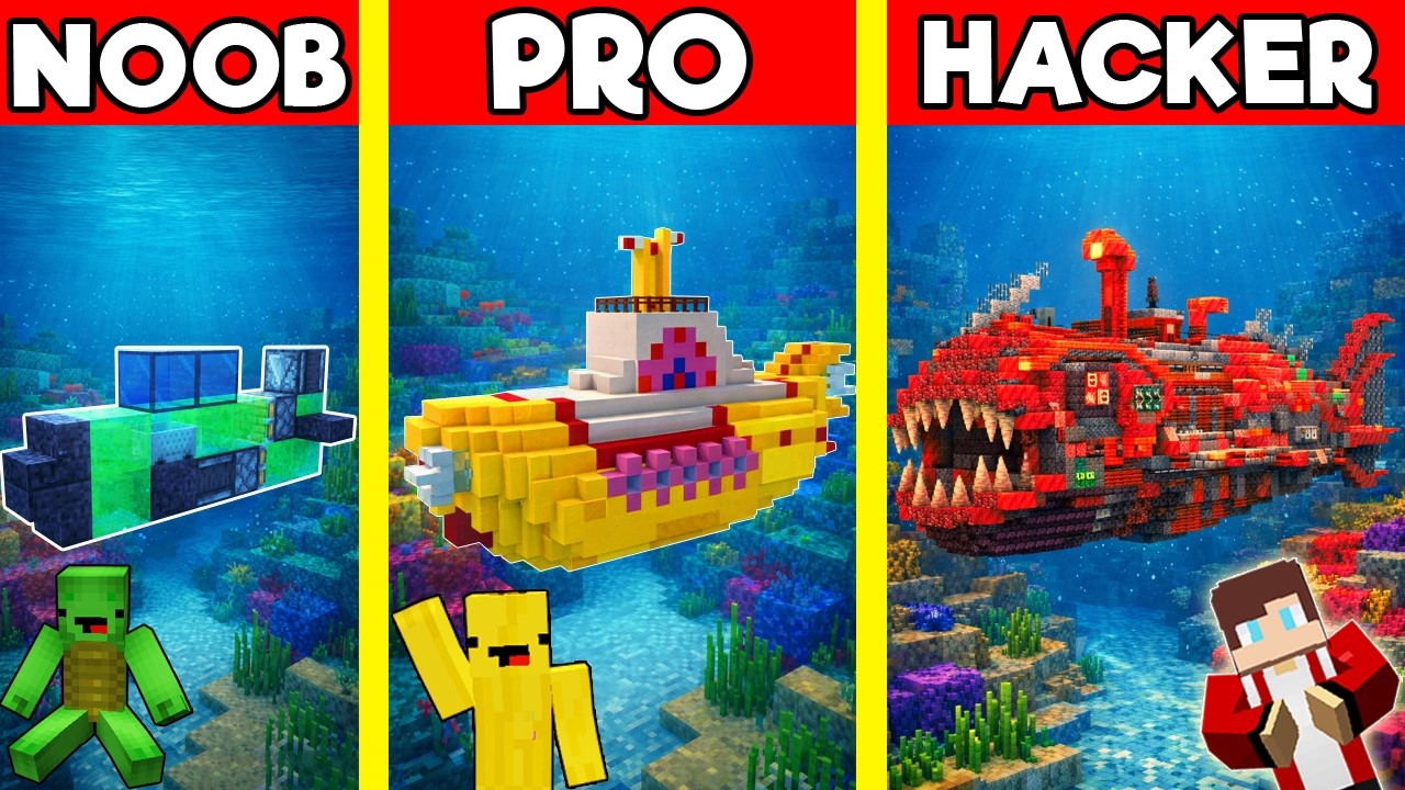 SUBMARINE House Build Battle In Minecraft - NOOB VS PRO CHALLENGE - Maizen Mizen Mazien Parody