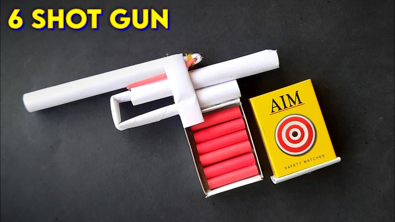 Easy paper and matchbox gun  6 shot gun making  how to make gun at home  best shooting gun