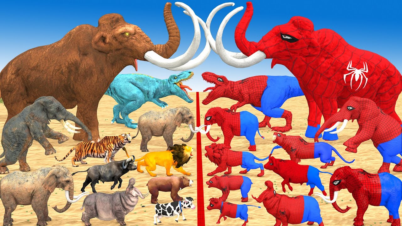 Red Spiderman Animals vs Prehistoric Mammals Mammoth Elephant vs Spiderman Mammoth Elephant vs T-Rex