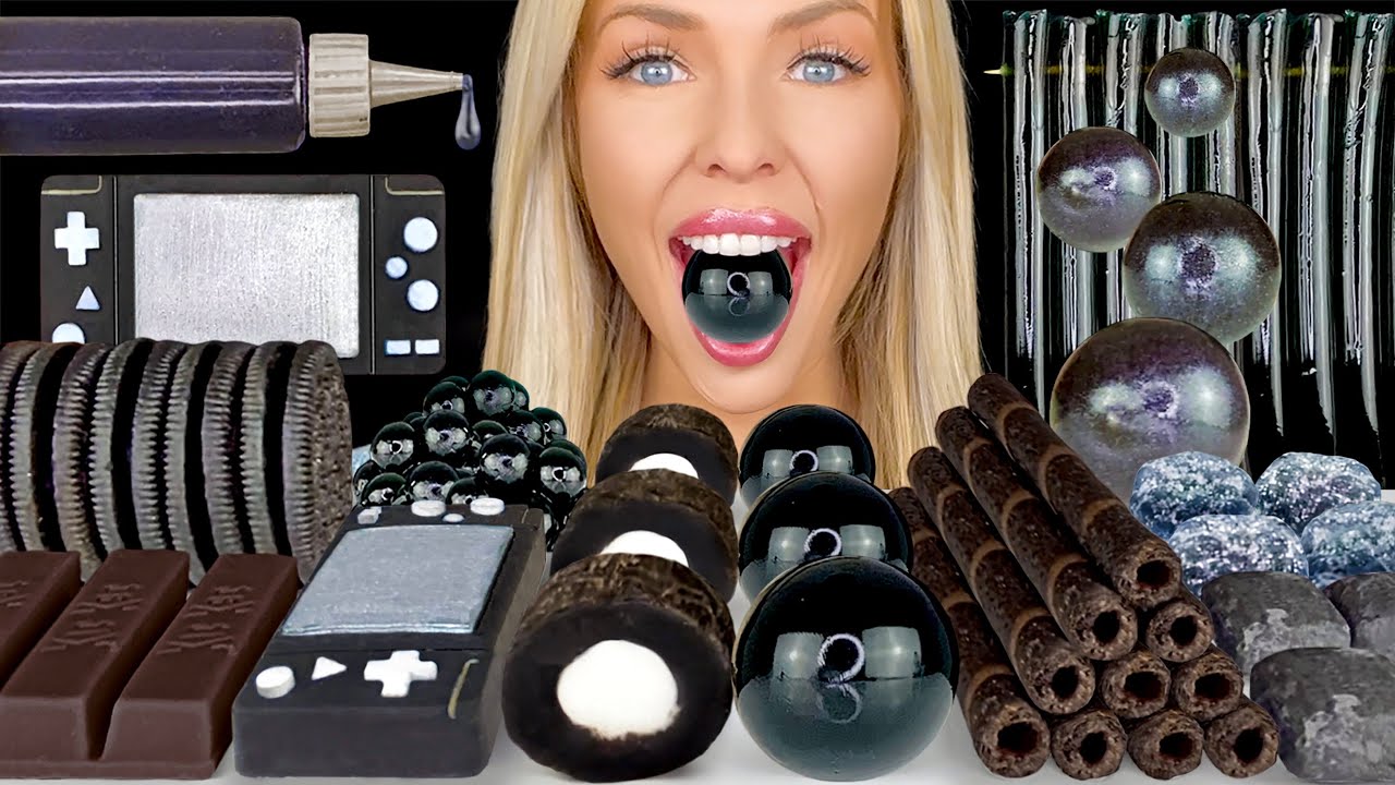ASMR BLACK FOOD MUKBANG, KITKAT DARK CHOCOLATE, GRAPE JELLY, WAFER ROLLS, OREO CARAMEL 먹방