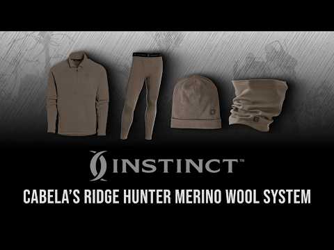 Coat, Long Sleeve, Jacket. Text: CABELA'S RIDGE HUNTER MERINO WOOL SYSTEM