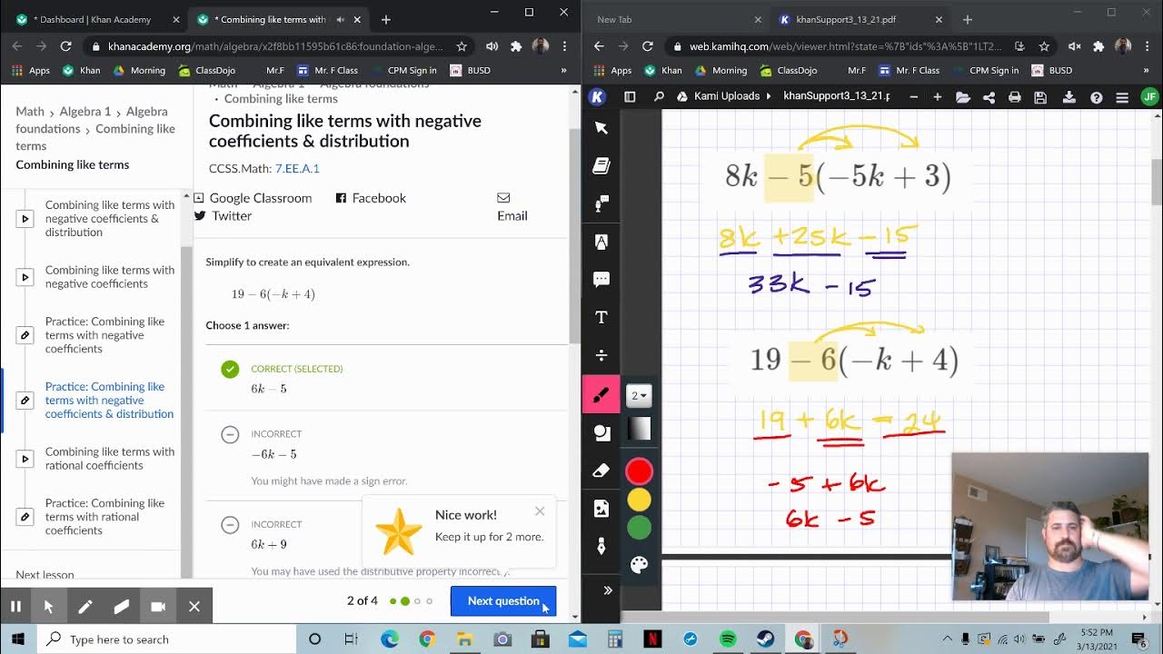 Khan Support Combining like terms with negative coefficients and
