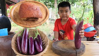 Little boy in countryside harvest eggplant for cooking / Yummy eggplant cooking / Chef Seyhak