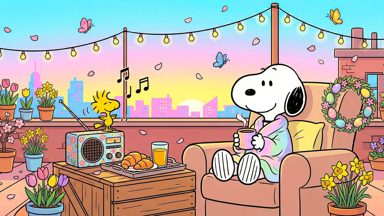 Весенний отдых Снупи на крыше ☕ | Расслабляющий джаз для мирных весенних утренних часов
