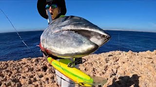 Bagging a 20kg Spanish Mackerel - Land based fishing off the cliffs of Steep Point Western Australia