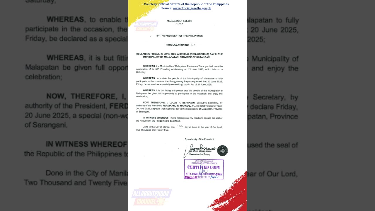 Proclamation No 928 S 2025 SPECIAL NON WORKING DAY MUNICIPALITY OF MALAPATAN Update