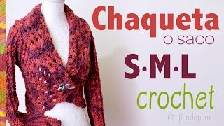 Chaqueta con cuello doblado y mangas largas tejido a crochet en 3 tallas: S M L