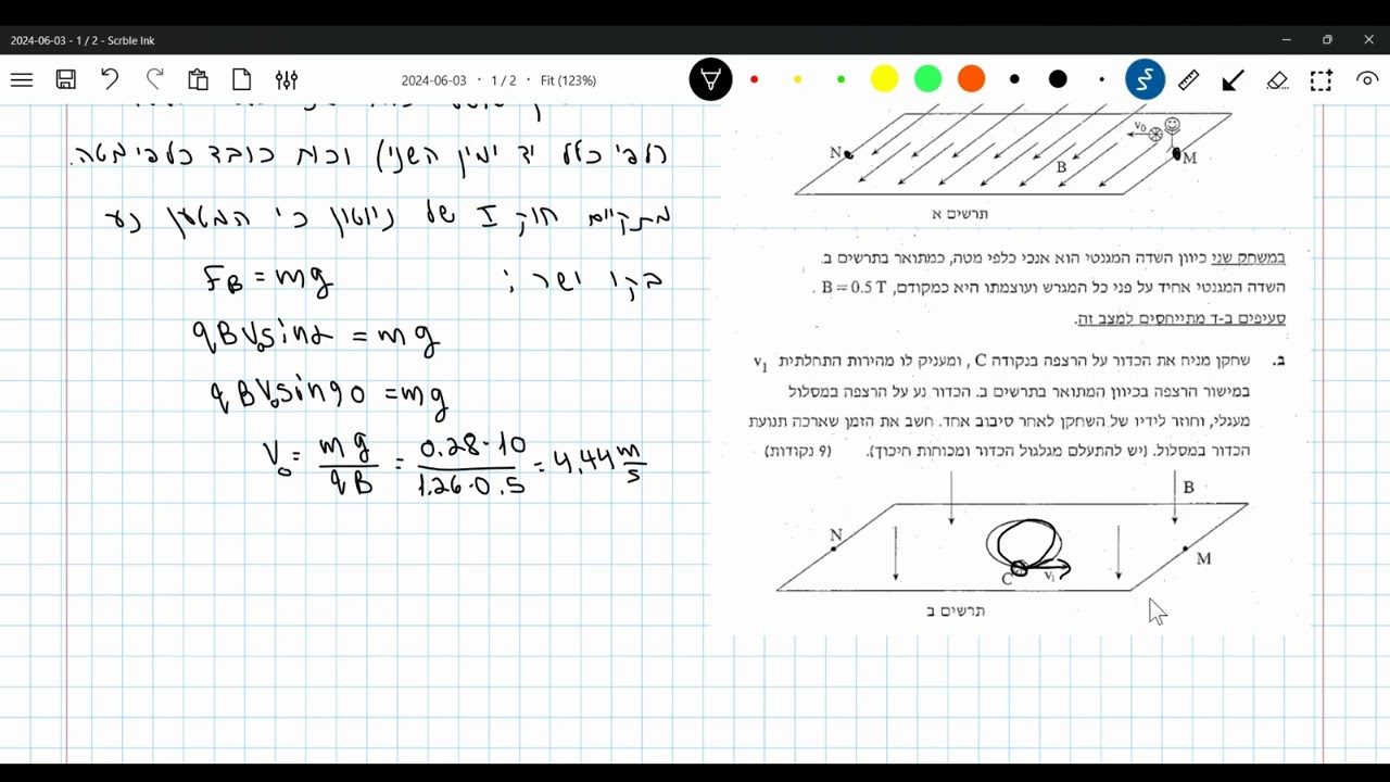 בגרות חשמל 2010 שאלה 4 - תנועת כדור בשדה מגנטי בשילוב עם כוח הכובד.