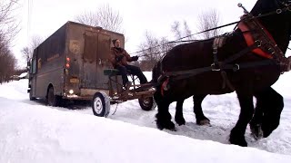 DRAFT HORSES PULL OUT UPS TRUCK FROM SNOW BANK!!!!