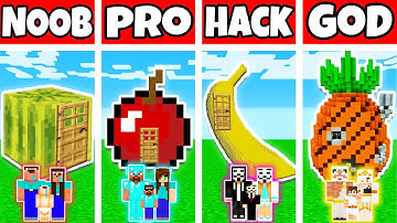 Minecraft: FAMILY FRUIT HOUSE BUILD CHALLENGE - NOOB vs PRO vs HACKER vs GOD in Minecraft