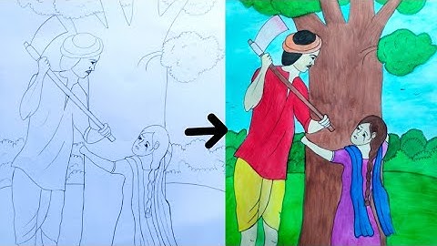 how to draw scenery of save trees for save nature step by step | save tree drawing easy