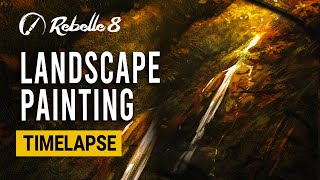 Painting a Digital Autumn Waterfall in Rebelle 8 Pro - Time Lapse