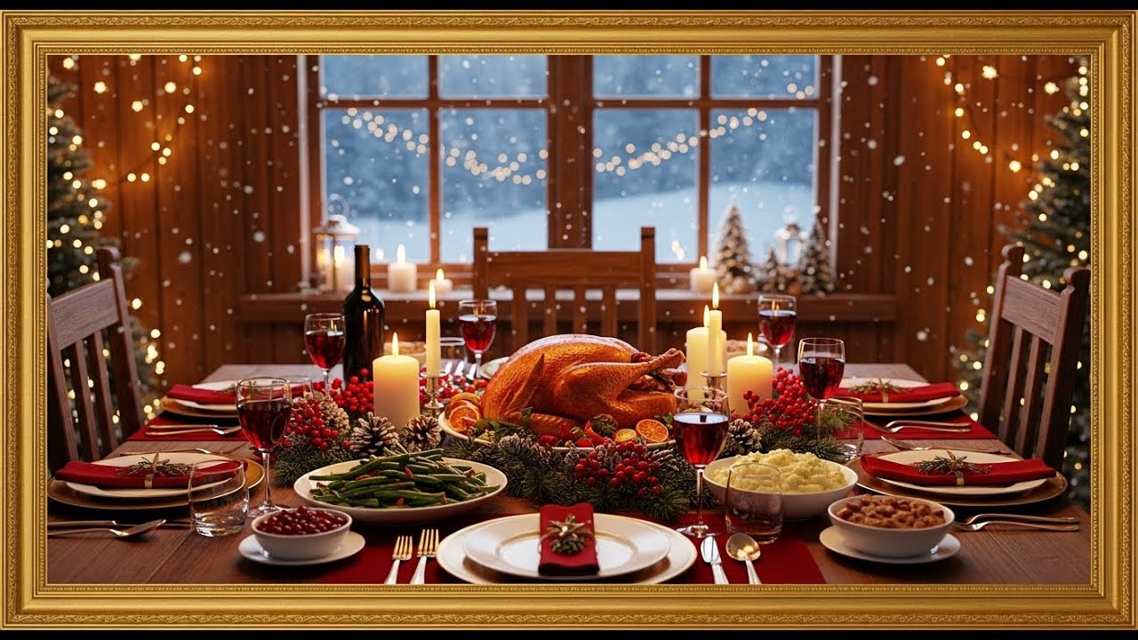 Frame TV Art - Frame Art TV with Music: Warm Christmas Dinner Table: Roasted Turkey, Candles