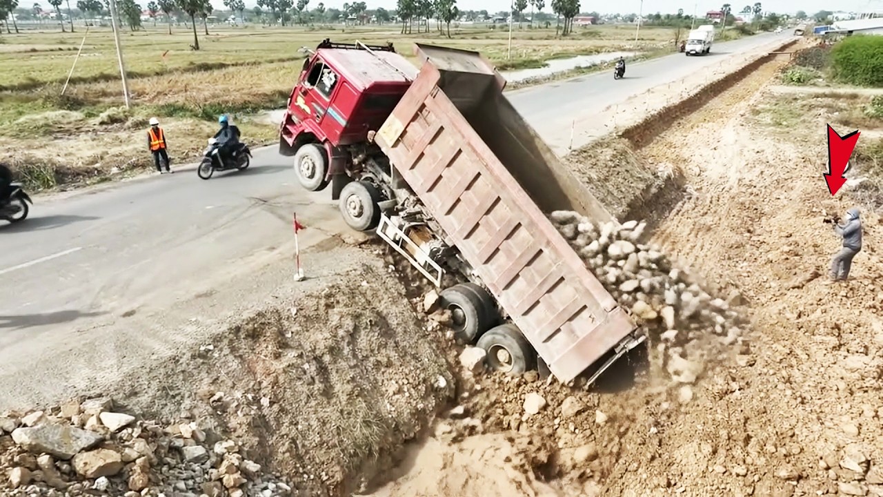 WTF!! Scary Truck Massive Unloading Stone Side Road Construction Process, Excavator in Action
