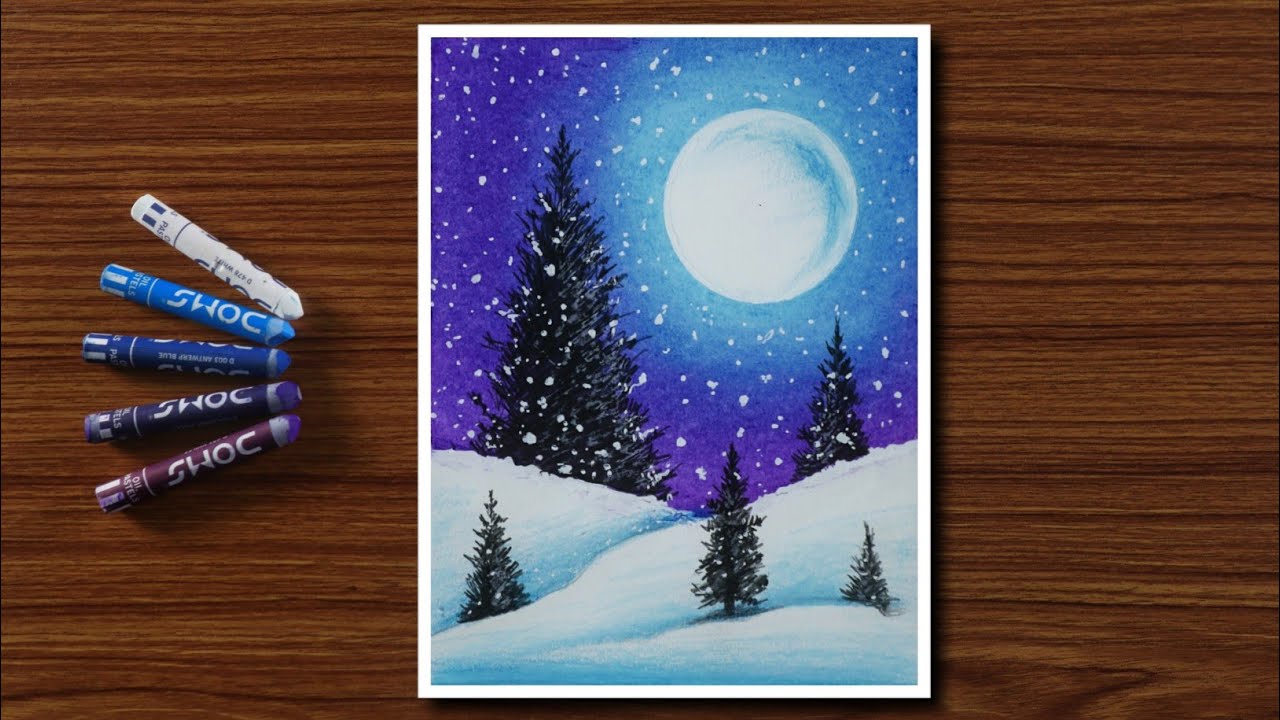 Easy Winter Snowfall Scenery Drawing for Beginners with Oil Pastels ...