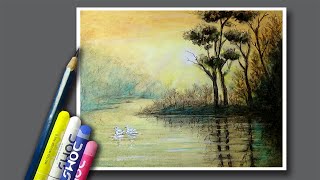 Sunset oil pastel drawing easy for beginners | How to paint sunset using oil pastels |