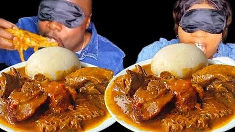 Asmr African food mukbang blindfold eating sound with ogbono soup and pounded yam fufu