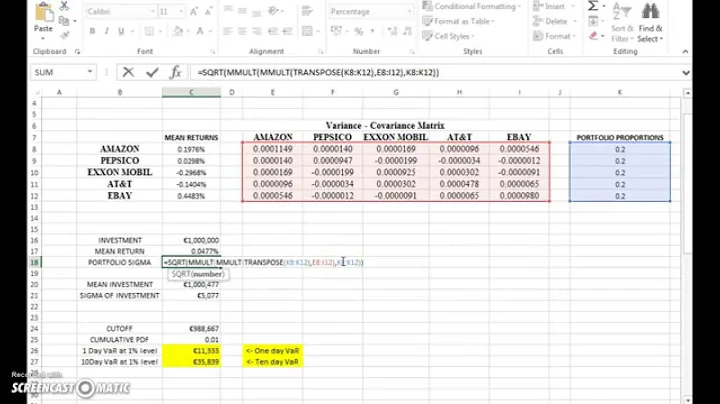 VaR for a multi-asset portfolio using variance covariance matrix