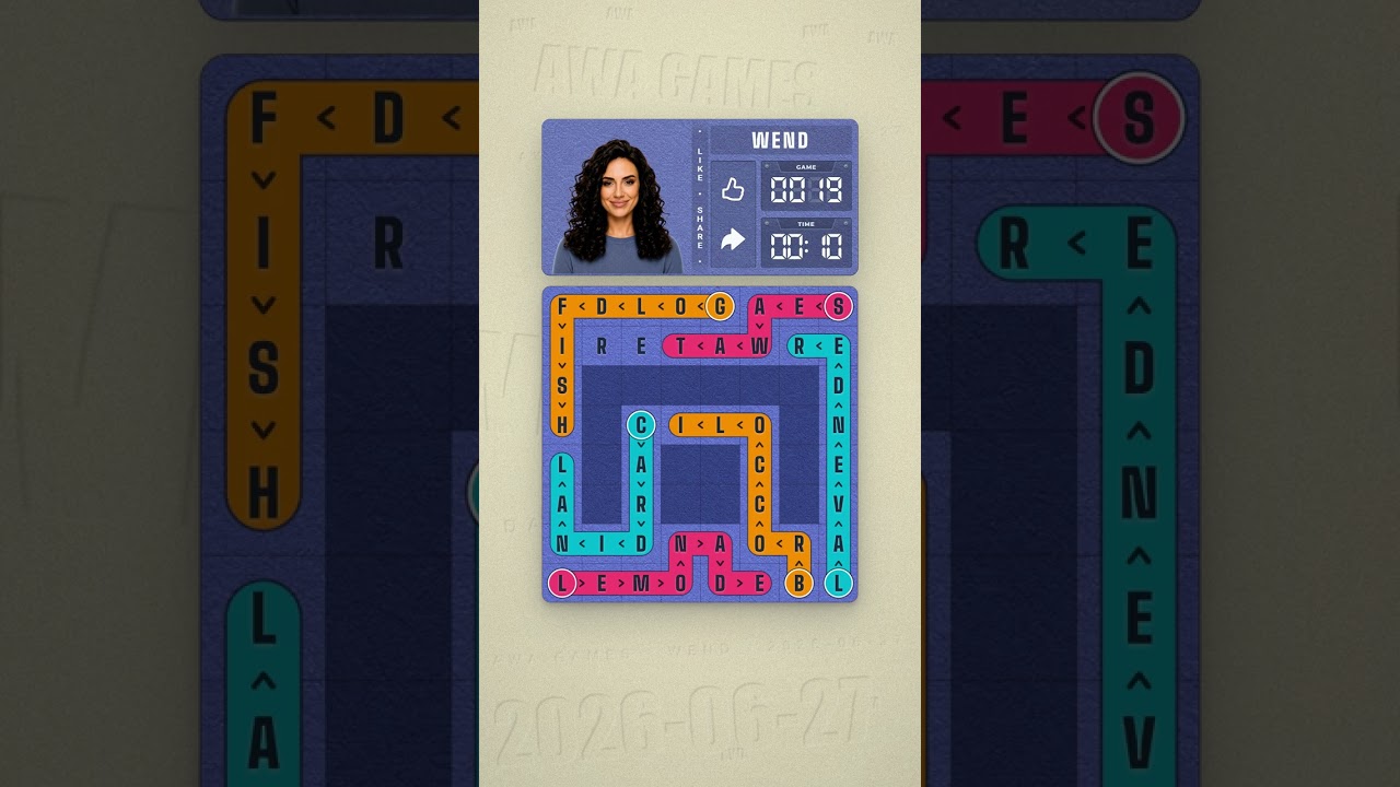LinkedIn Wend #19 solved board for June 27, 2026, 8x8 grid