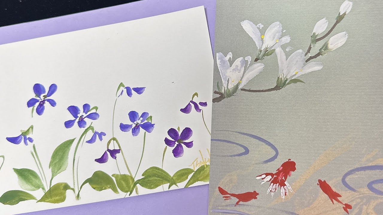 春の花ハガキ絵 モクレンやスミレの絵ほのぼの一筆画11😊2023 - YouTube