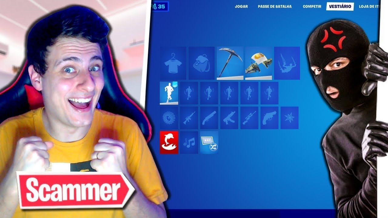 TROLLEI UM SCAMMER PASSANDO UMA CONTA SEM SKINS NO FORTNITE! TROLLANDO SCAMMERS KKKK