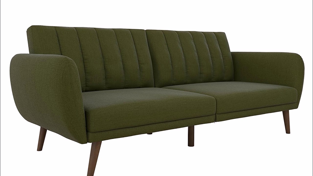 Novogratz Brittany Sofa Futon Premium Linen Upholstery and Wooden Leg Green Linen