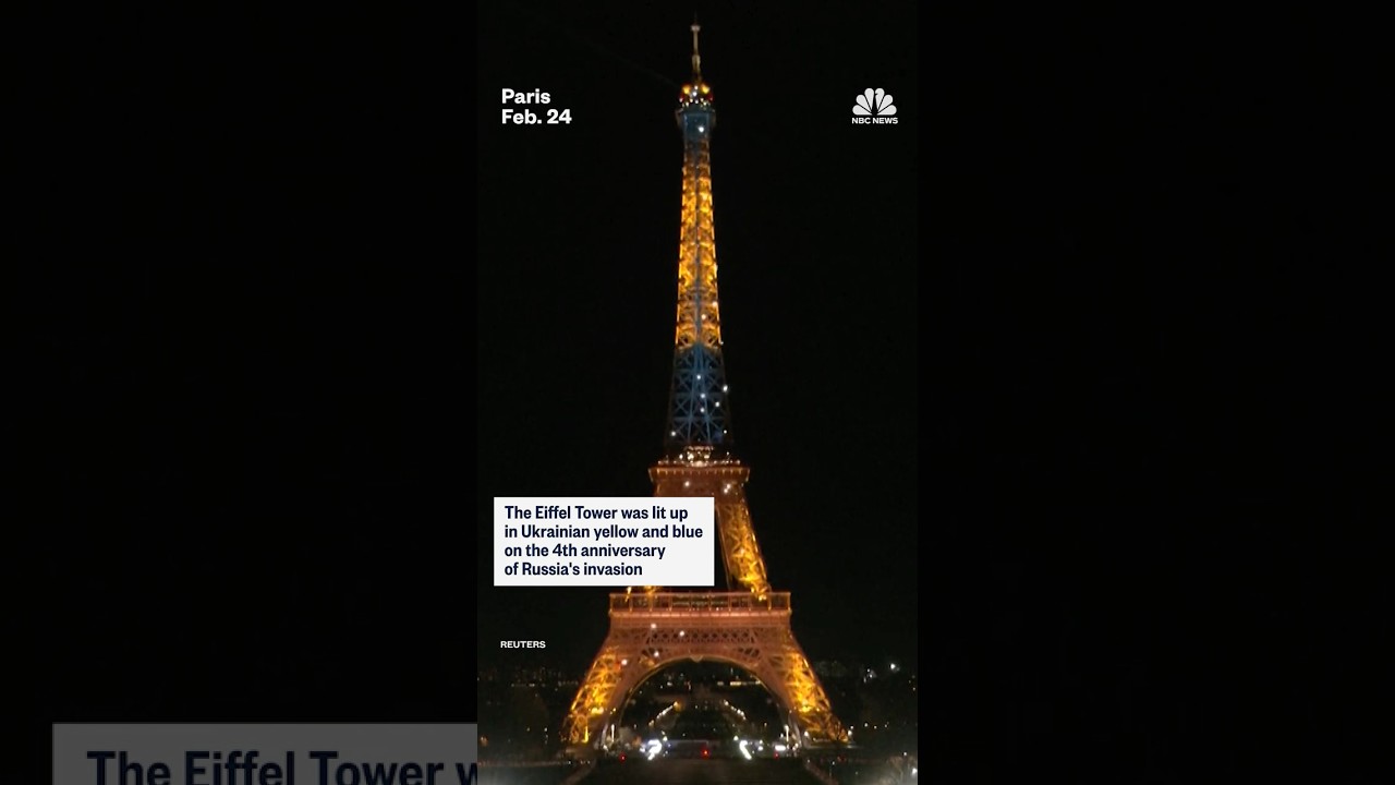 The Eiffel Tower was lit up in Ukrainian yellow and blue on the 4th anniversary of Russia’s invasion