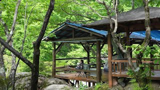 Adventure in front of a powerful waterfall. Camping in a cabin built on the water. Waterfall ASMR