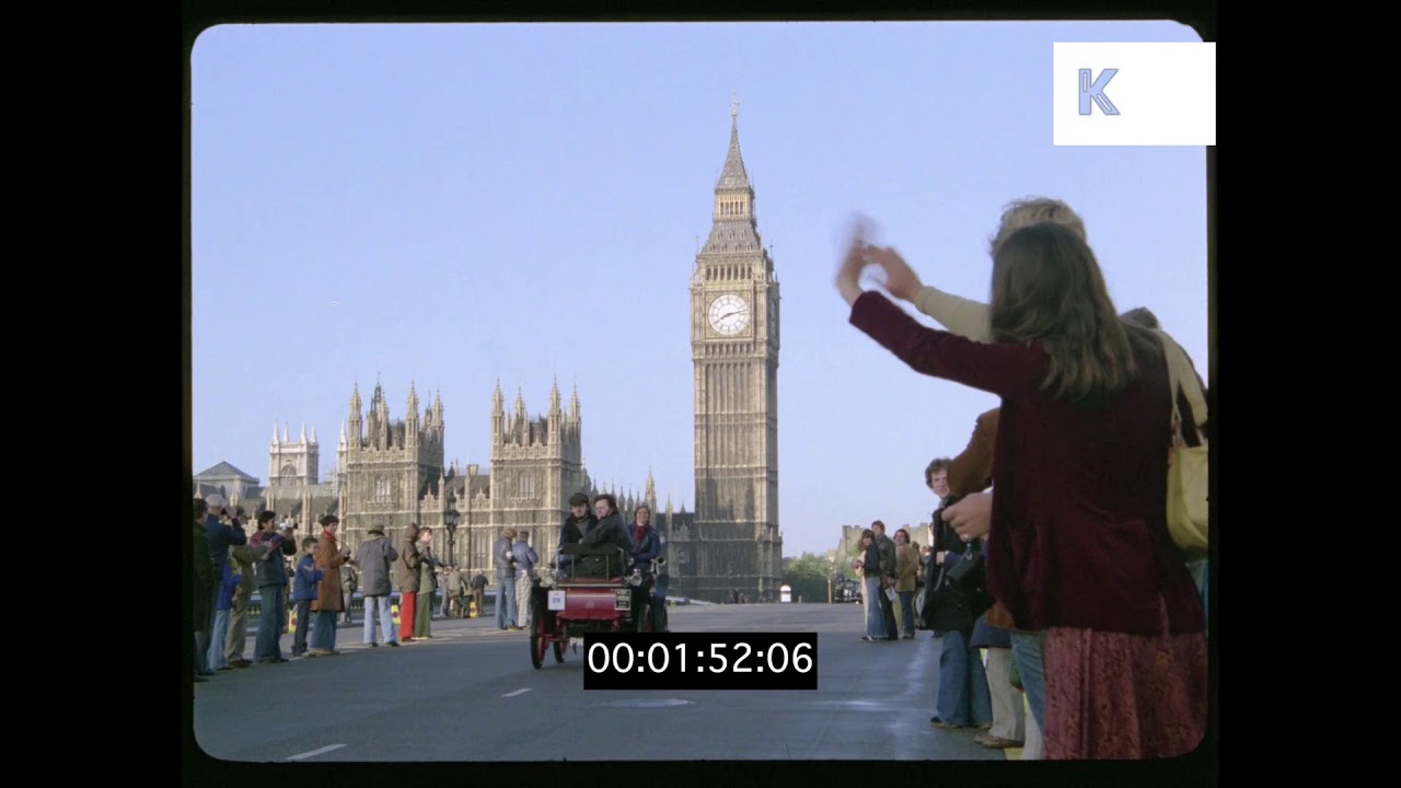 Vintage Car Rally on Westminster Bridge, 1970s London, HD