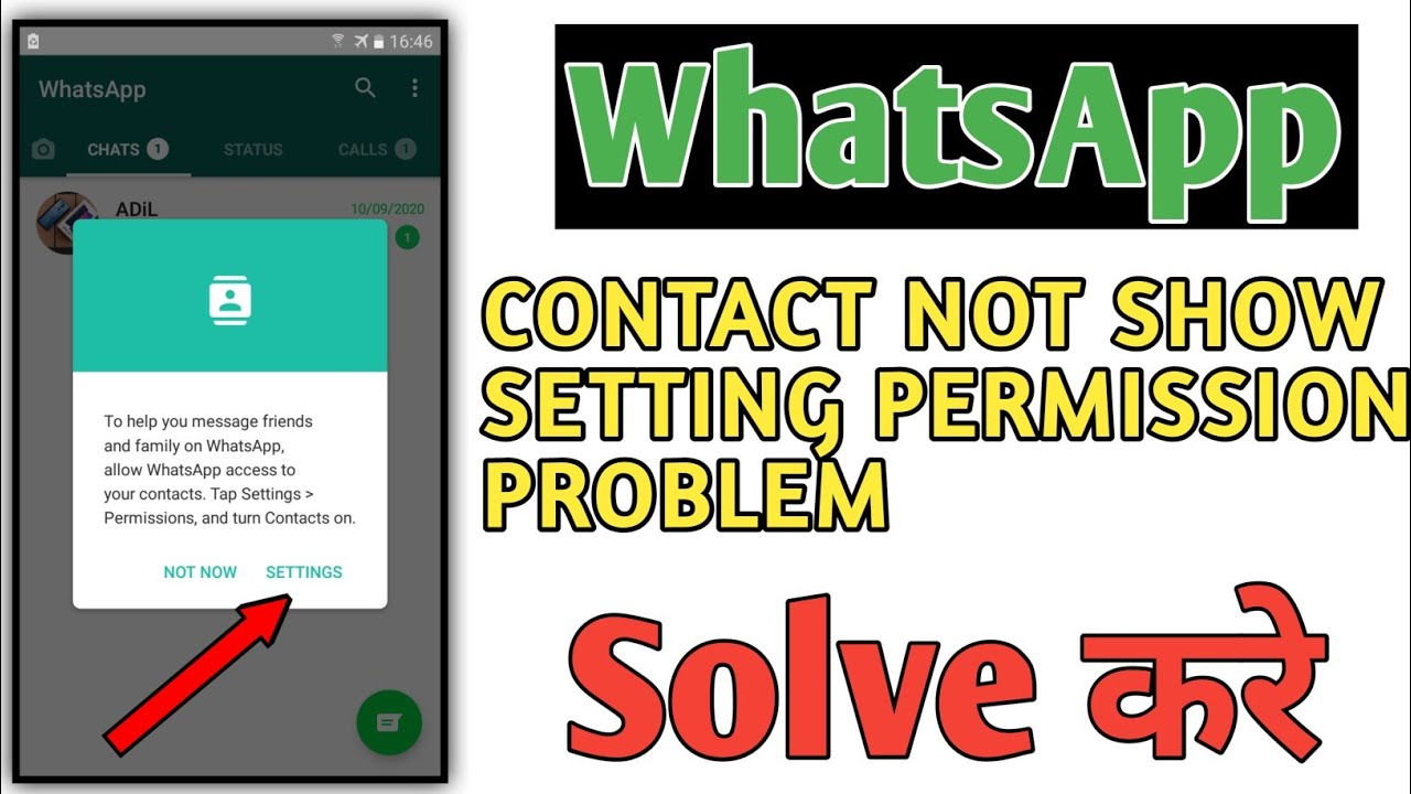  A screenshot of a WhatsApp contact's profile with a message that says, "Contact not show setting permission problem," and a red arrow pointing to the "Settings" button.