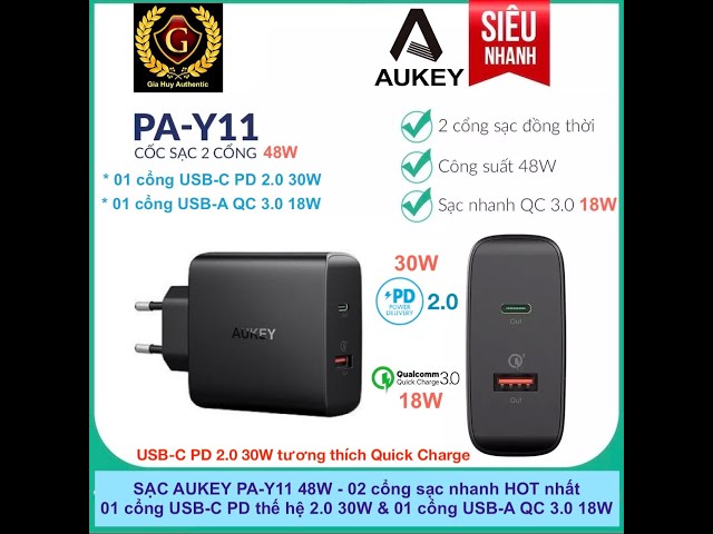 Sạc AUKEY PA-Y11 48W - 2 cổng (01 cổng USB-C PD 2.0 30W & 01 cổng USB-A QC 3.0 18W)