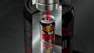 Red Bull can crushed under hydraulic press, liquid sprays out fast.