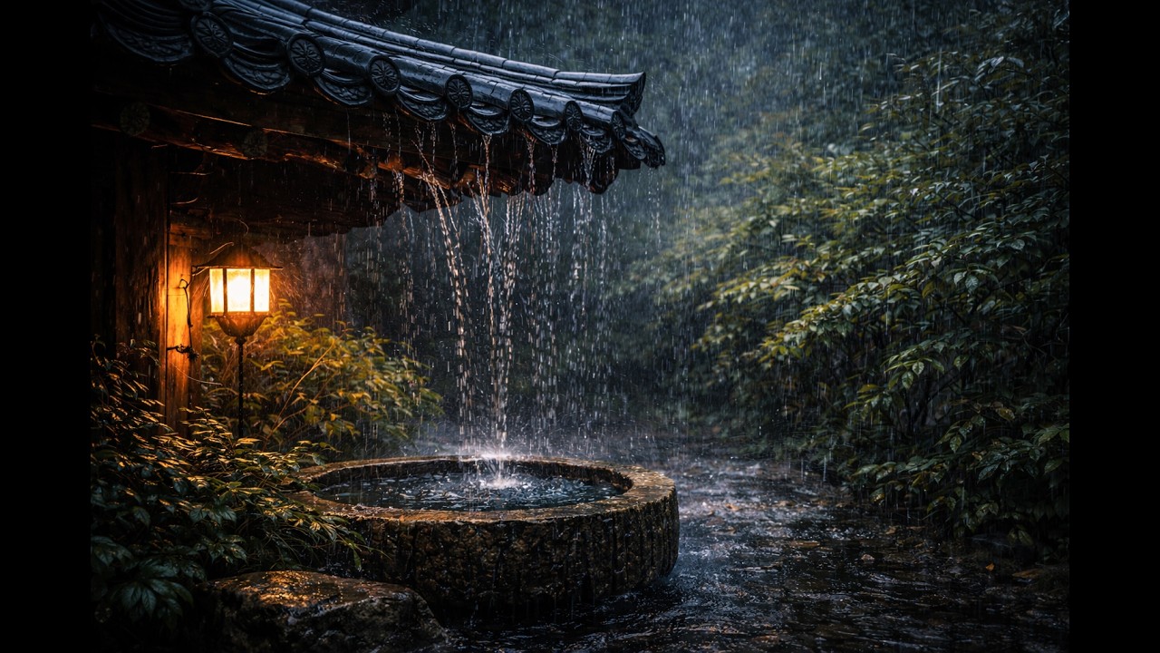 Cozy Rain | Rain Falling from Hanok Eaves into Stone Basin | 5 Hours