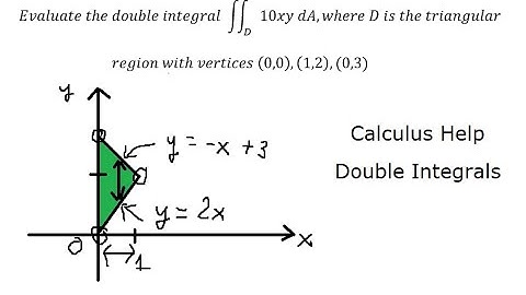 Evaluate the double integral ∫∫D 10xy dA,where D is the triangular region vertices (0,0),(1,2),(0,3)
