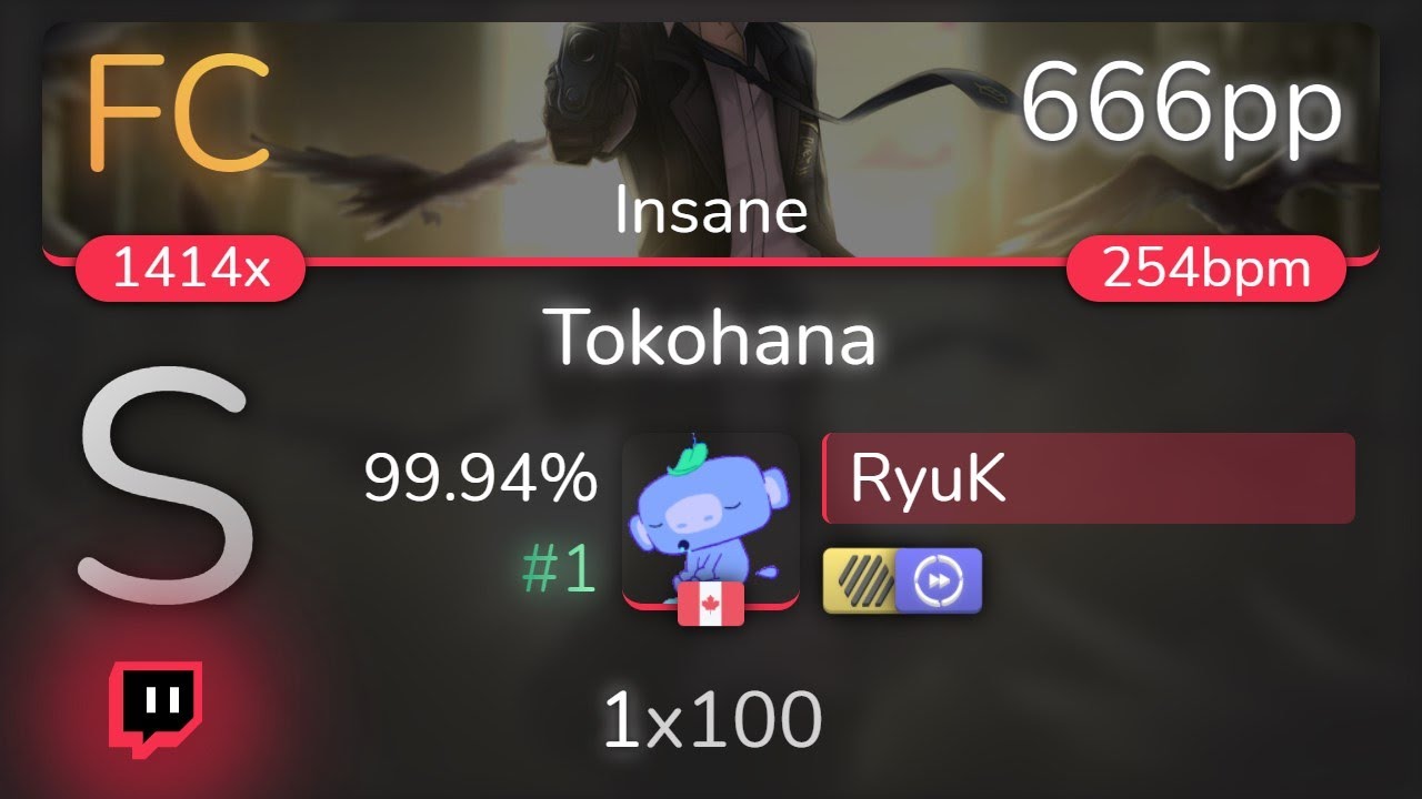 [Live] RyuK | yanaginagi - Tokohana [Insane] +HDDT 99.94% {#1 666pp FC} - osu!