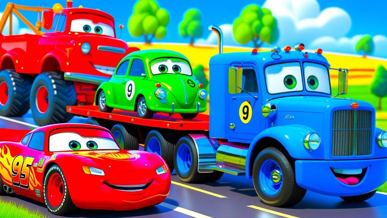 TRANSPORTING PIXAR CARS & FRUITS WITH COLORED & JOHN DEERE vs CLAAS vs TRACTORS - BeamNG.drive