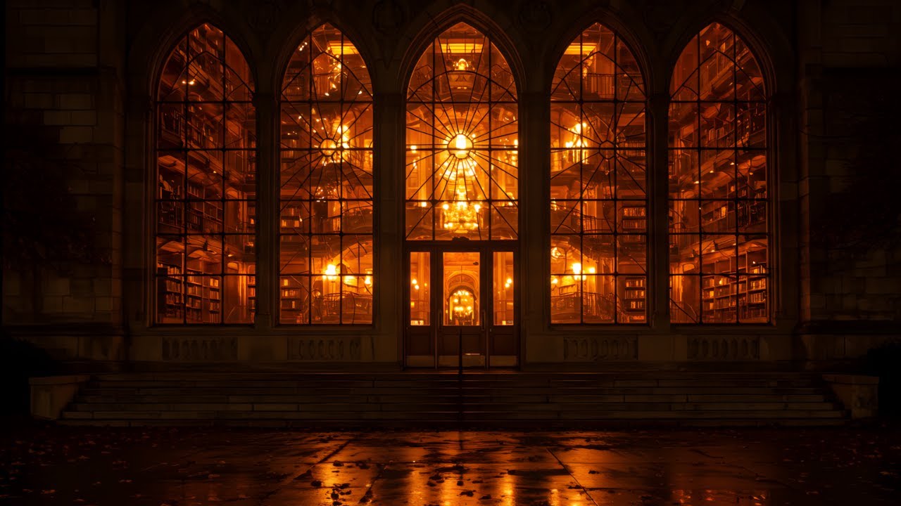 Gothic Library Dusk | Midnight Sonata Cozy Amber Piano & Violin Rain Sounds for Study Relaxation #48