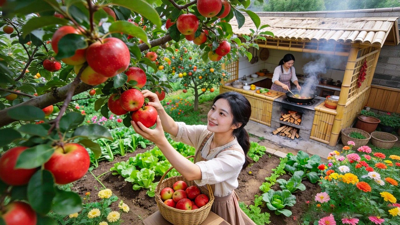 Peaceful Farm: Harvest red apples, Small Garden and cook chicken stew with red apples