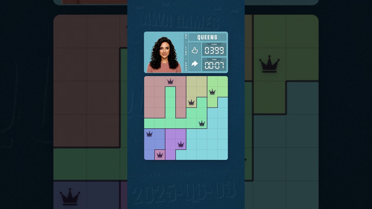 LinkedIn Queens #399 solved board for June 3, 2025, 8x8 grid