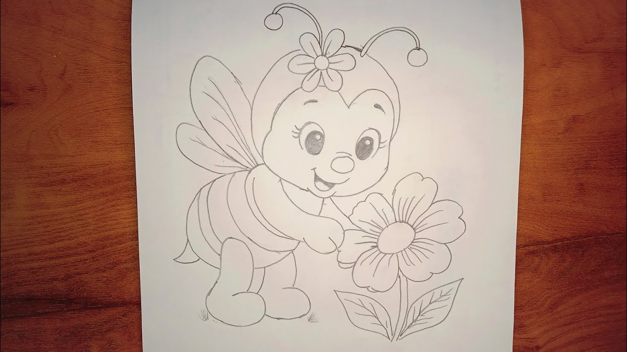 “Cute Honey Bee with Flower | Easy Cartoon Drawing for Beginners 🐝🌸 | Step-by-Step Tutorial”