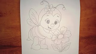“Cute Honey Bee with Flower | Easy Cartoon Drawing for Beginners 🐝🌸 | Step-by-Step Tutorial”