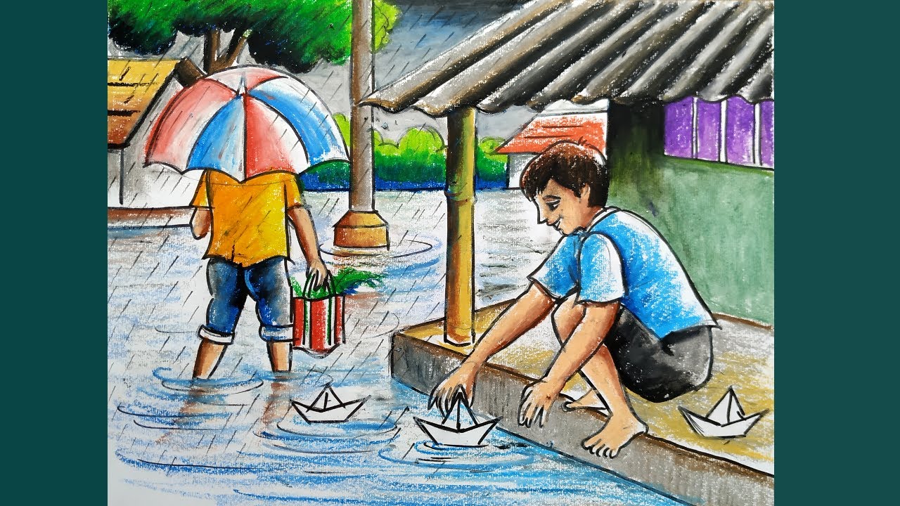 how to draw rainy day scenery with oil pastel colo,rainy season drawin ...